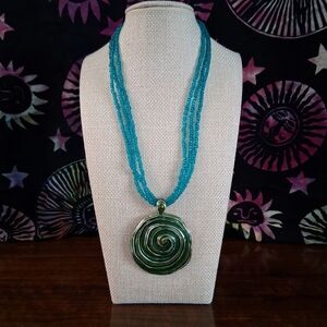 Sea Spiral Necklace Tones Of Turquoise, Green And Aquamarine 16" Plus Extender